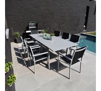 Happy Garden Salon de jardin Capri – Extensible en textilène noir, 8 places, aluminium gris