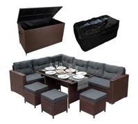 Salon de jardin & coffre en rotin brun, Ensemble 9 personnes, Coffre 582L portable avec ouverture assistée, Résistant aux UV & intempéries, Jardin Patio Terrasse [Couverture & sac imperméables inclus]