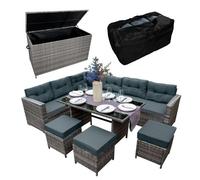 Salon De Jardin & Coffre En Rotin Gris, Ensemble 9 Personnes, Coffre 582l Portable Avec Ouverture Assistée, Résistant Aux Uv & Intempéries, Jardin Patio Terrasse [Couverture & Sac Imperméables Inclus]