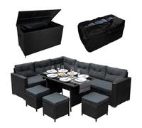 Salon de jardin & coffre en rotin noir, Ensemble 9 personnes, Coffre 582L portable avec ouverture assistée, Résistant aux UV & intempéries, Jardin Patio Terrasse [Couverture & sac imperméables inclus]