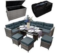 Salon De Jardin & Coffre En Rotin Gris, Ensemble 9 Personnes, Coffre 582l Portable Avec Ouverture Assistée, Résistant Aux Uv & Intempéries, Jardin Patio Terrasse [Couverture & Sac Imperméables Inclus]