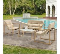 Salon de Jardin Dallas en Acier avec Coussins Imitation Bois Kaki Noir