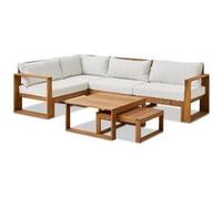 Salon de jardin d'angle modulable LEVATA OTTOMAN - Bois d'acacia FSC - 6 personnes - Blanc cassé + Housse incluse