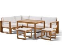 Salon de jardin d'angle modulable LEVATA DINING - Bois d'acacia- 7 personnes - Blanc cassé + Housse incluse