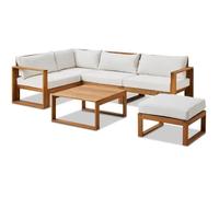 Salon de jardin d'angle modulable - Bois d'acacia - 5 personnes - LEVATA OTTOMAN - Blanc cassé + Housse