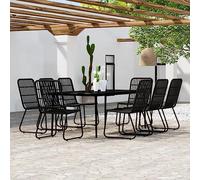 Salon de jardin de 9 pièces noir en rotin et acier, table à manger de 200 cm avec plateau en verre, salon d'extérieur résistant aux intempéries pour terrasse et balcon