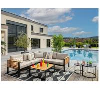 Salon De Jardin Détente En Aluminium Noir Mat Et Aspect Teck Martinique Avec Table Basse - Jardiline Gris