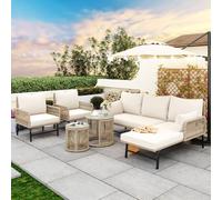 Salon de jardin d'extérieur en rotin 6 pièces - Modulable tressé à la main avec 2 places, 2 fauteuils et 2 tables en verre - Rembourrage de 8 cm avec housses lavables - Emballé à plat dans 3 cartons