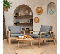 Happy Garden Salon de jardin Gili en acacia 2 places fauteuils et table basse coussins gris