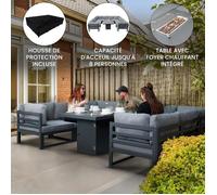 Salon De Jardin En Aluminium - Canapé D'angle Modulable & Coussins Amovibles ¿ Table Foyer Au Gaz ¿ 9 Pièces 8 Personnes ¿ Terrasse Véranda Patio Coin Repas D'extérieur [Housse De Pluie Incluse] Gris