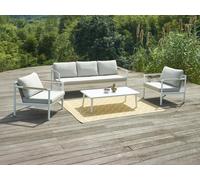 Salon de jardin en aluminium : un canapé 3 places, 2 fauteuils et une table basse - Blanc coussins beiges - LAKIT de MYLIA