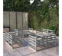 Salon de jardin en pin massif 8 pièces, gris, modulaire, robuste jusqu'à 110 kg par siège, idéal pour se détendre et parler.