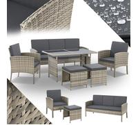Salon de jardin en polyrotin - Juskys - 6 pièces - 7 personnes - Gris - Coussins lavables - Polyrotin résistant