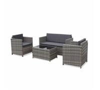 Salon de jardin en résine tressée - Perugia - Nuances de gris. Coussins gris - 4 places - 1 canapé. 2 fauteuils. une table basse