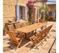 Salon de Jardin en Teck Huilé 10 Personnes - Table Extensible 200/300cm avec 10 Chaises Pliables - Bois Certifié Durable et Résistant aux Intempéries - Idéal Grande Terrasse et Repas de Famille