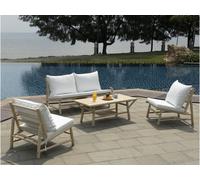 Salon de jardin en teck : un canapé 2 places, 2 fauteuils et une table basse rectangulaire - Naturel clair et blanc - TULUM de MYLIA