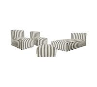 Salon de jardin en tissu bouclette 4 places : 1 méridienne, 2 fauteuils et un pouf - Rayé blanc et beige - NOUMARA de MYLIA