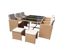 CONCEPT USINE - Salon de Jardin Florida 10 Personnes en Résine Tressée Naturel - 1 Table en Verre - 6 Fauteuils - 4 Poufs - Coussins Beige - Encastrable et Résistant
