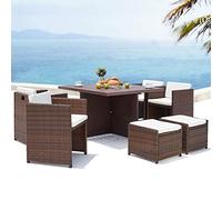 Salon de Jardin Encastrable SUNSET Résine Tressée 8 Pers Marron/Blanc | Table aluminium + 4 fauteuils + 4 poufs, coussins déhoussables zippés