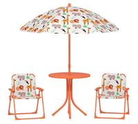 Salon de jardin enfant - AIYAPLAY - table enfant avec 2 chaises pliantes, parasol Ø100cm - motif animal - plastique - orange