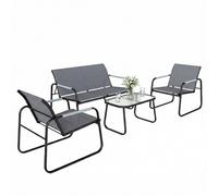 Outsunny Salon de Jardin 4 Pièces Accoudoirs Corde Tressée Gris | Acier Textilène, Ensemble de Terrasse, Canapé 2 Places, 2 Fauteuils, Table Basse en Verre Trempé Cannelé, pour Balcon