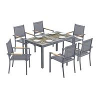 Outsunny Salon de Jardin 7 Pièces - Table Effet Bois sans Entretien et 6 Chaises Empilables en Textilène - Ensemble Mobilier de Jardin Résistant pour Repas en Terrasse, Gris Anthracite