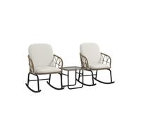 Salon de jardin extérieur 3 pièces en rotin 2 chaises berçantes et 1 table basse avec coussins pour terrasse et balcon