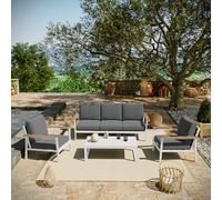 Salon de Jardin Extérieur en Aluminium et Bois Composite 5 Places- Gris et Blanc - Ensemble Meuble Salon Complet - 1 Canapé 3 Places - 2 Fauteuils et 1 Table Basse - Coussins Déhoussables - SOLEA