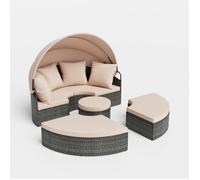 Salon de Jardin Extérieur en Rotin PE COSTWAY avec Auvent Rétractable et Coussins, Lit de Soleil pour Piscine et Arrière-cour,Beige