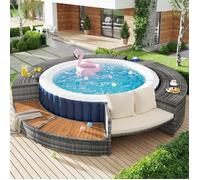 Salon de jardin extérieur - LANGTU - Entourage Spa Rond Ø203cm - Rotin PE anti-UV - Rangement intégré - Coussins