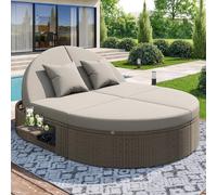 Salon de Jardin Exterieur, Transat Jardin Exterieur imperméable avec étagère latérale et réglable Individuellement, Canapé lit Double Multifonction, pour Plein air Terrasse Balcon, Rotin Gris