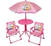 Fun House | Salon De Jardin Pat Patrouille Stella & Everest Rose pour Enfant | Table Ø46 Cm + 2 Chaises + Parasol Ø100 Cm | Licence Officielle | Mobilier Extérieur Pliable | Idée Cadeau Dès 3 Ans