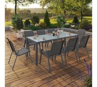 IDMARKET Salon de jardin MADRID 190 cm + 8 chaises empilables Gris anthracite plateau transparent