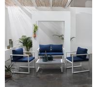 Salon de jardin IBIZA en tissu bleu 4 places - aluminium blanc