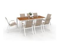 IDMarket - Salon de jardin NOUMEA Table 190 cm Plateau verre trempé effet bois 8 chaises blanc/bois