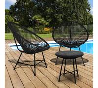 IDMarket – Salon de jardin Izmir Table et 2 fauteuils œuf cordage noir