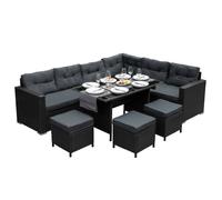 Salon de Jardin Noir en Rotin pour 9 Personnes Ensemble Table & Sièges avec Coussins Ultra Epais & Lavable - Anti-UV - Aménagement Extérieur Terrasse Patio Piscine [Housse de Protection INCLUSE]