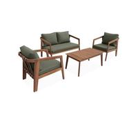 Salon de jardin kaki foncé 4 places LOBERIA. bois d'acacia dossier avec lanières effet cuir