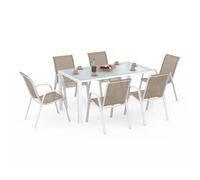 IDMarket – Salon de jardin Madrid – Table 150 cm et 6 chaises empilables – Blanc et Beige