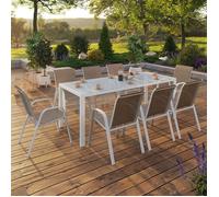 Salon de jardin MADRID table 190 cm et 8 chaises empilables blanc et beige taupe