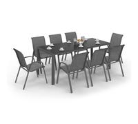 Salon de jardin MADRID table 190 CM et 8 chaises empilables gris anthracite
