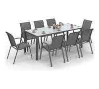 IDMARKET Salon de jardin MADRID 190 cm + 8 chaises empilables Gris anthracite plateau transparent