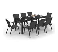 Salon de jardin MADRID table 190 CM et 8 chaises empilables noires gris G