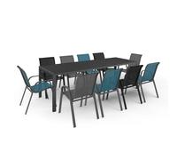 IDMarket Salon de jardin MADRID Table 240 cm et 10 chaises empilables mix bleu, gris et noir