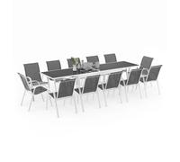 IDMarket - Salon de jardin Madrid - Table extensible 135-270 cm, 12 chaises empilables - Blanc/Gris
