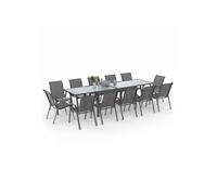 Salon de jardin MADRID table extensible 135-270 CM et 12 chaises empilables gris anthracite