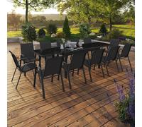IDMarket – Salon de jardin MADRID – Table extensible 135-270 cm et 12 chaises empilables – Noir