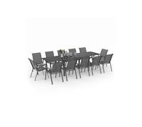 Salon de jardin MADRID table extensible plateau gris 135-270 CM et 12 chaises empilables gris anthracite