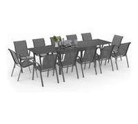 Salon de jardin MADRID table extensible plateau gris 135-270 CM et 12 chaises empilables gris anthracite