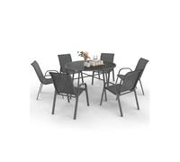 IDMarket – Salon de jardin Madrid – Table ronde 120 cm et 6 chaises empilables – Gris anthracite